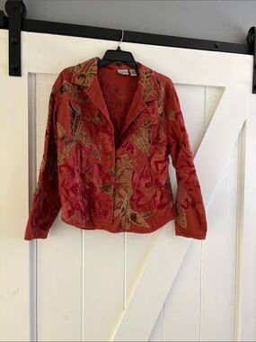 Chico's Rust Red Embroidered Slightly Bedszzled Floral Jacket